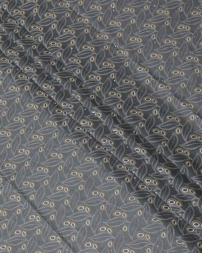 Charcoal grey blue Premium pure 100% Swiss cotton voile (Sudanese Thobe) fabric with white and gold embroidery having stone work in fancy design-D13793