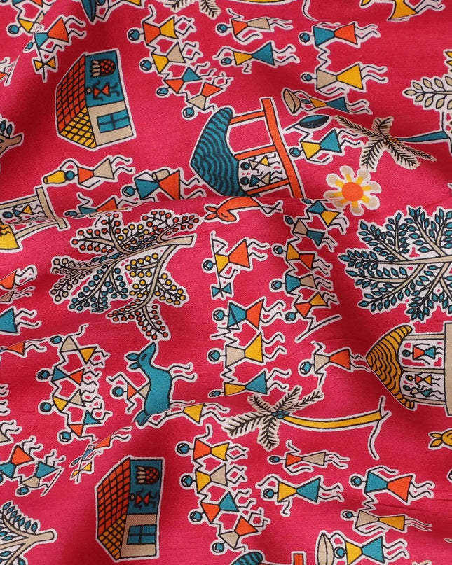 Magenta pink cotton voile fabric with multicolor print in fancy design-D15418 Regal Fabrics