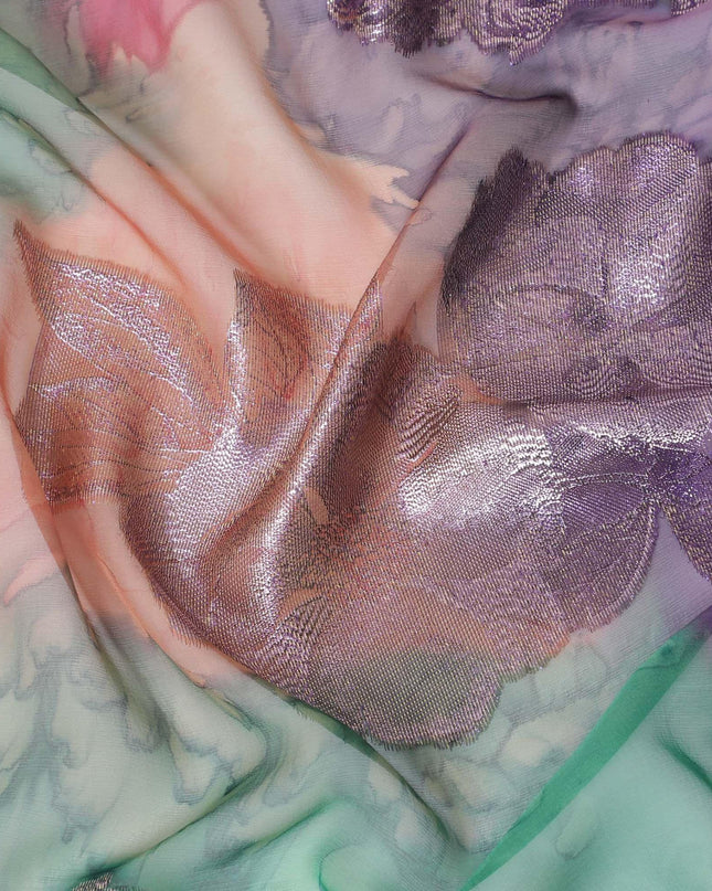 قماش شيفون حريري فرنسي (فرنساوي) فاخر متعدد الألوان مع لوركس معدني ذهبي بتصميم زهور-D14018