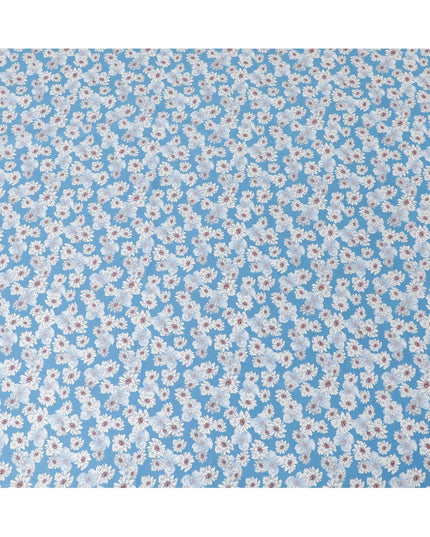 Blue cotton lawn fabric with off white, silver grey and powder blue print in floral design-D10849