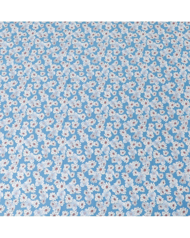 Blue cotton lawn fabric with off white, silver grey and powder blue print in floral design-D10849