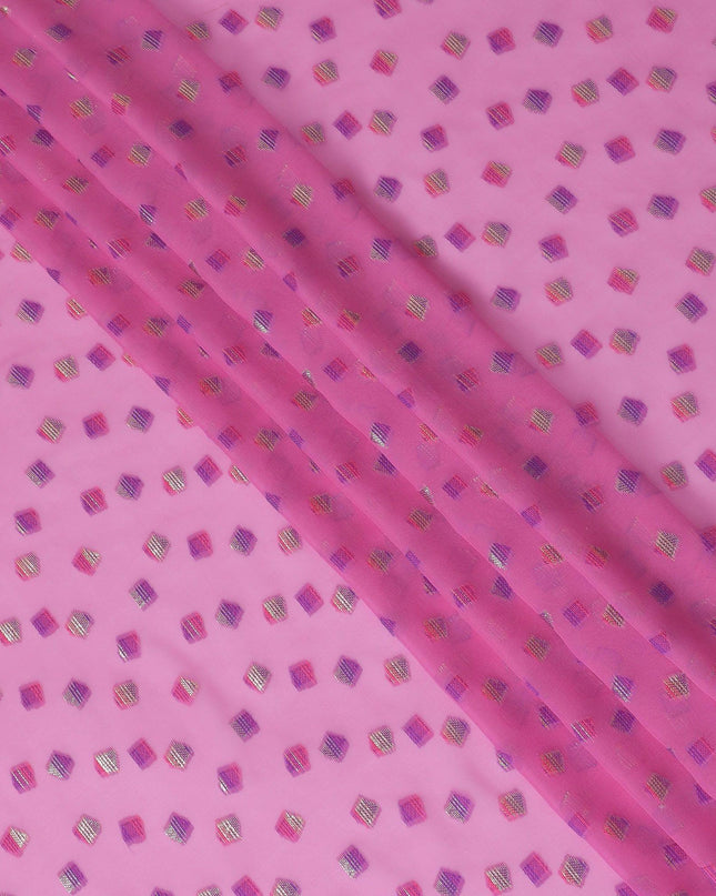 Hot pink premium pure French (Fransawi) silk chiffon fabric with same tone, purple viscose having gold and silver metallic lurex in abstract design-D14230