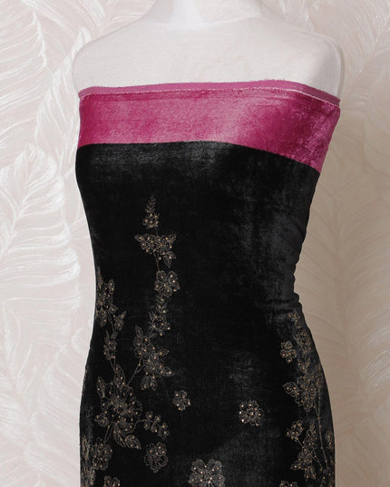 Black, fuchsia pink silk blended velvet fabric with glod print having stone work in floral design-D15094