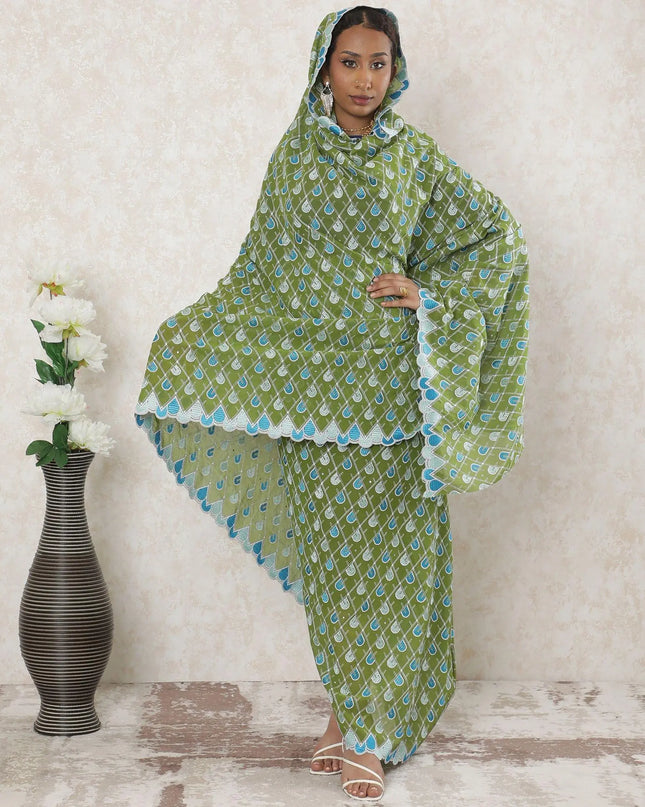 Sage green Premium pure Swiss cotton voile thobe with beige, vista green and blue embroidery in abstract design-D14339 Regal Fabrics