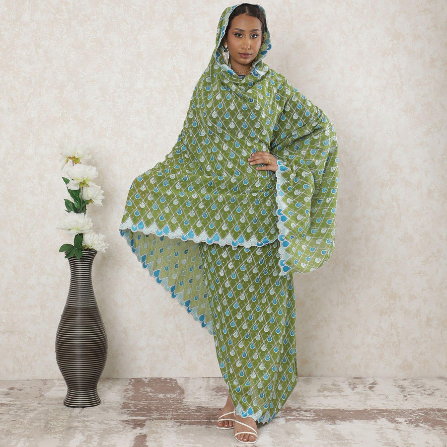 Sage green Premium pure Swiss cotton voile thobe with beige, vista green and blue embroidery in abstract design-D14339 Regal Fabrics