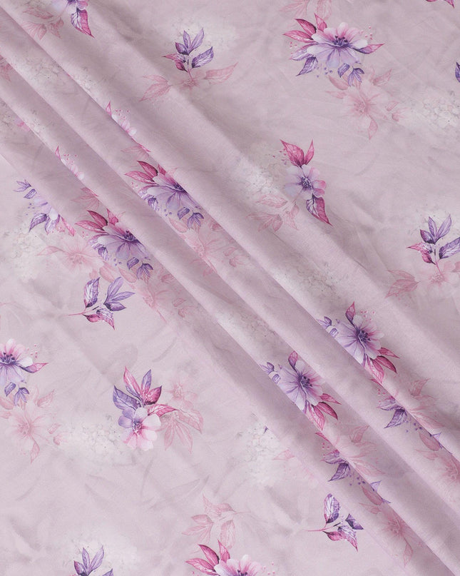 Light pink cotton lawn fabric with off white, lavender and pink print in floral design-D15290