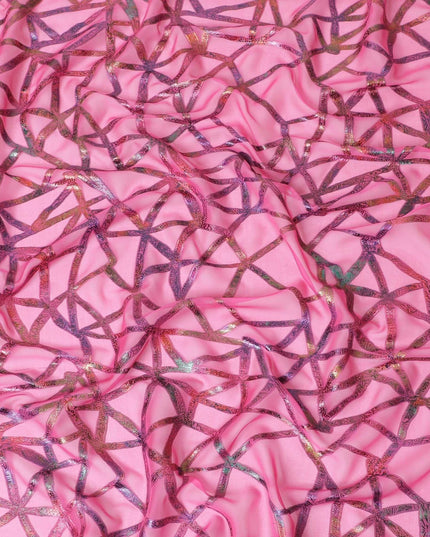 Hot pink Premium pure silk chiffon fabric with multitone metallic lurex in abstract design-D9660