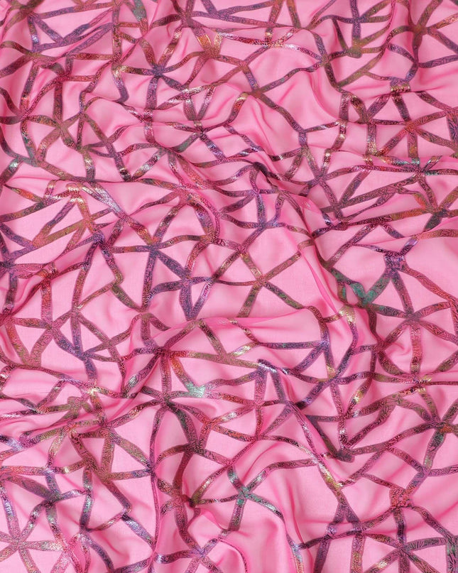 Hot pink Premium pure silk chiffon fabric with multitone metallic lurex in abstract design-D9660