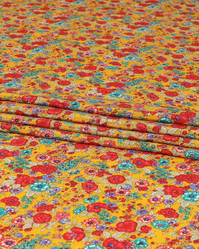 Mustard yellow silk crepe fabric with multicolor print in floral design-D8402 Regal Fabrics