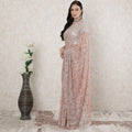 Salmon pink, light gold Premium pure French metallic lace saree having stone work in floral design-D14482