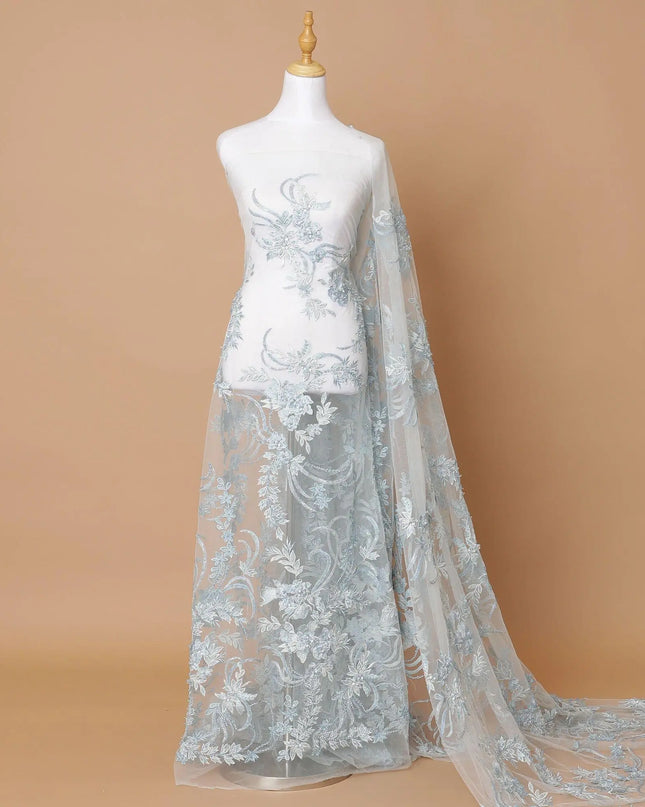 Powder blue Premium wedding nylon tulle fabric with same tone, off white embroidery, applique work and beadwork in floral design-D7914 Regal Fabrics