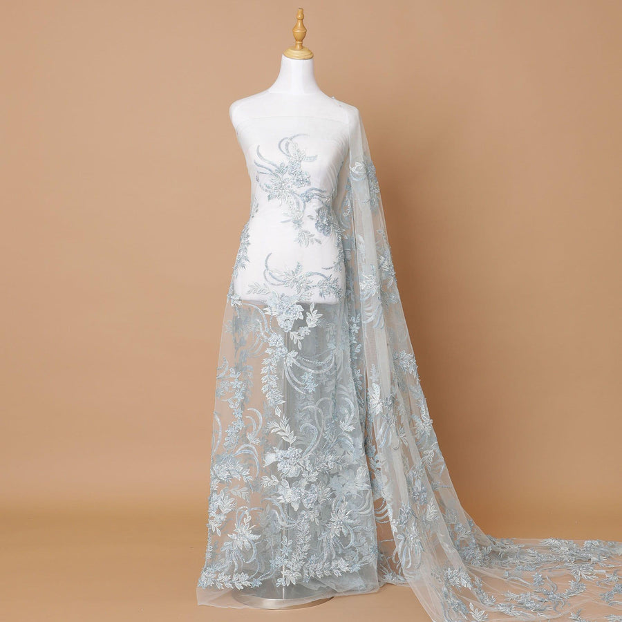 قماش تول نايلون فاخر باللون الأزرق الفاتح بنفس اللون، وتطريز باللون الأبيض الفاتح، وزخرفة وزخرفة خرزية بتصميم الأزهار-D7914