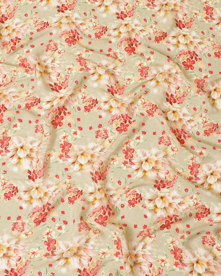 Mellow yellow synthetic crepe fabric with beige, ruby pink and olive green print in floral design-D7637 Regal Fabrics