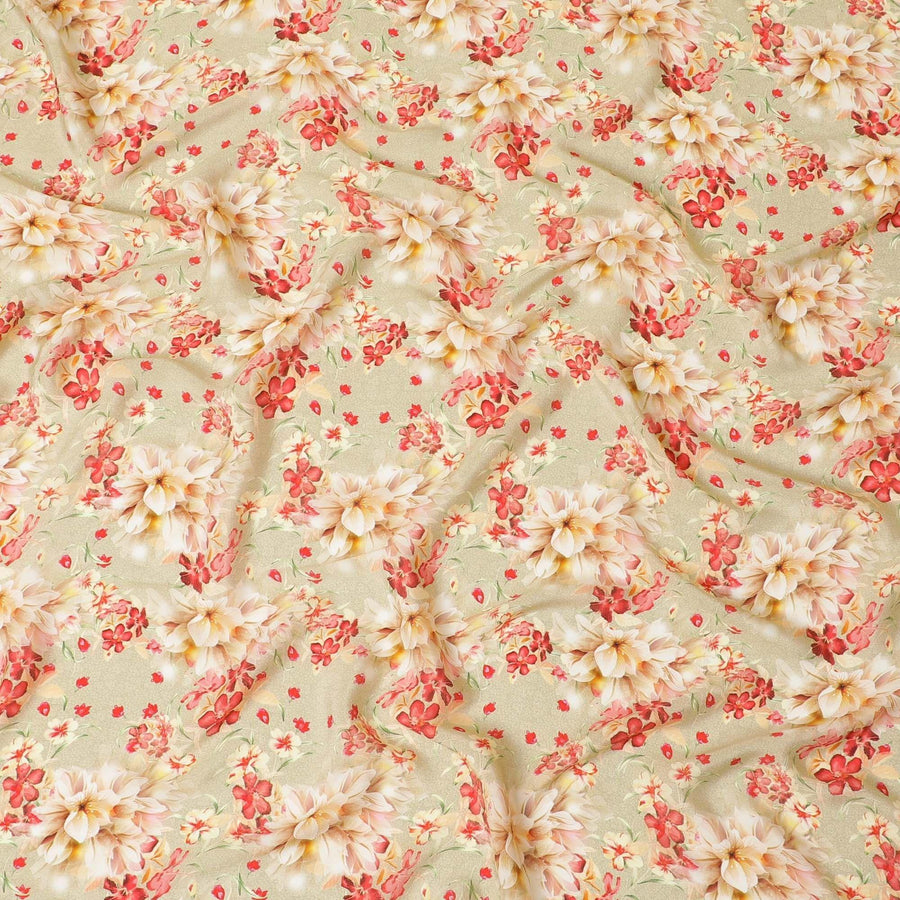 Mellow yellow synthetic crepe fabric with beige, ruby pink and olive green print in floral design-D7637 Regal Fabrics