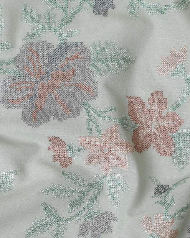 قماش فيستا فوال قطني أخضر بنفس اللون، تطريز رمادي وبني بتصميم زهور-D14477