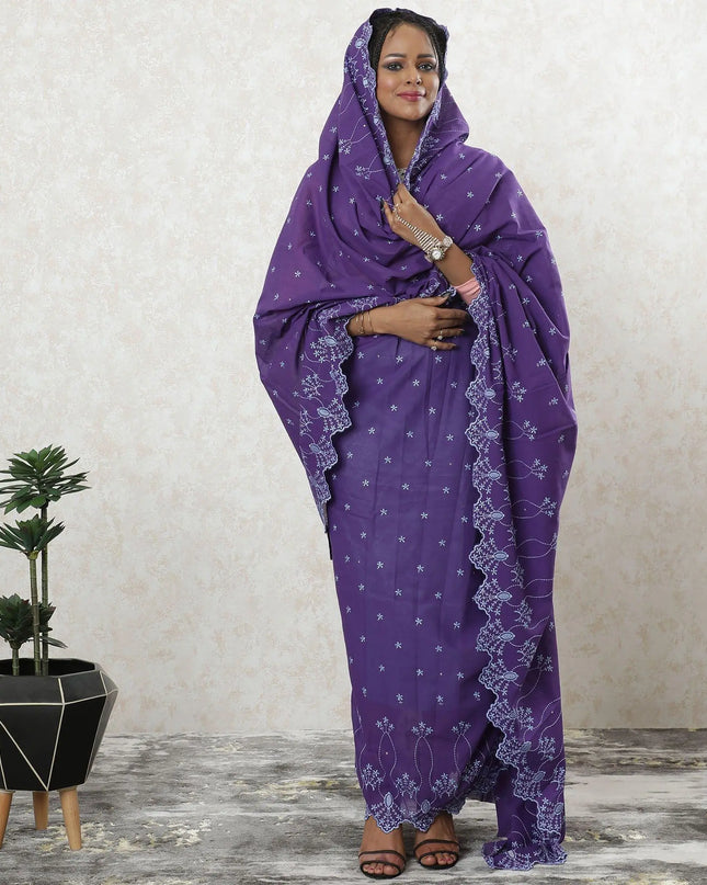 Purple Premium Swiss 100% cotton voile thobe with baby blue embroidery in clip cord design-D9481 Regal Fabrics