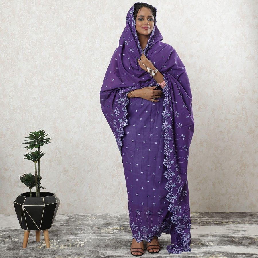 Purple Premium Swiss 100% cotton voile thobe with baby blue embroidery in clip cord design-D9481