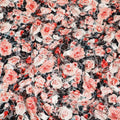 White Premium Italian silk chiffon dirac with black, orange and crimson red print having same tone velvet jacquard in floral design-D8688 Regal Fabrics