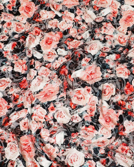 White Premium Italian silk chiffon dirac with black, orange and crimson red print having same tone velvet jacquard in floral design-D8688 Regal Fabrics
