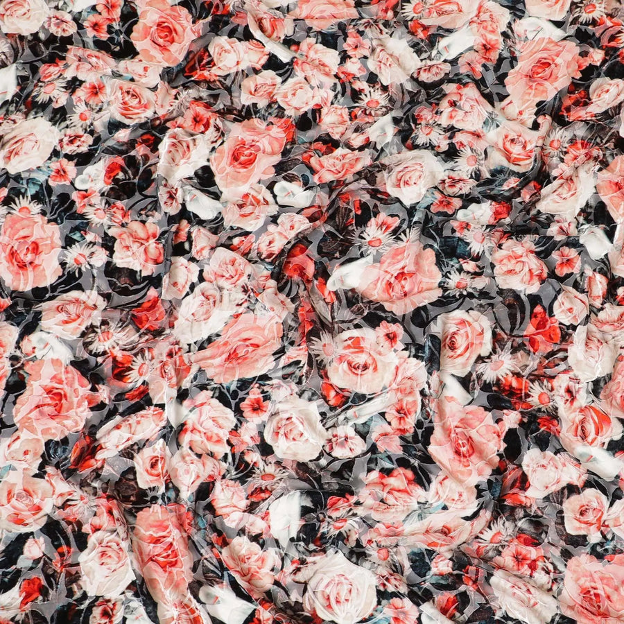 White Premium Italian silk chiffon dirac with black, orange and crimson red print having same tone velvet jacquard in floral design-D8688 Regal Fabrics