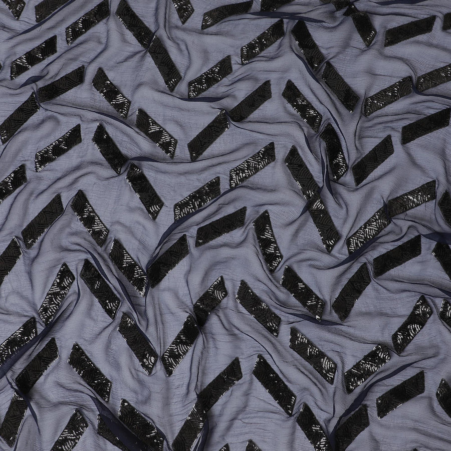 قماش شيفون حريري نقي فاخر باللون الأزرق الداكن مع تطريز بالترتر بنفس اللون بتصميم هندسي-D13622