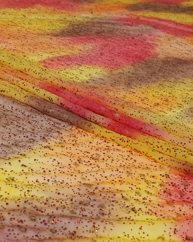 قماش من الشيفون الحريري باللون البرتقالي والأصفر الليموني والوردي الياقوتي مع بريق أحمر قرمزي ولوريكس معدني ذهبي بتصميم فاخر