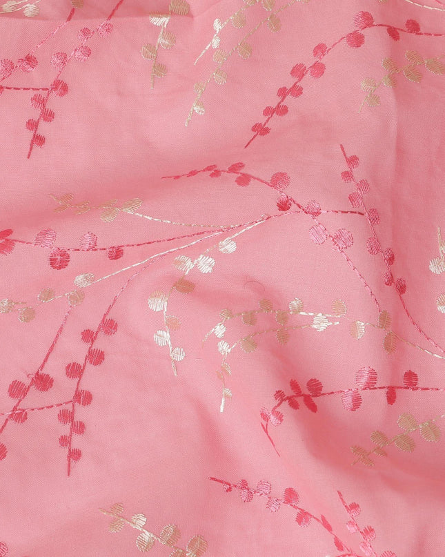 Rose pink premium pure cotton voile fabric with same tone and beige embroidery in leaf design-D13703