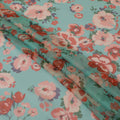 Turquoise green premium pure silk chiffon fabric with multicolor print in floral design-D13227