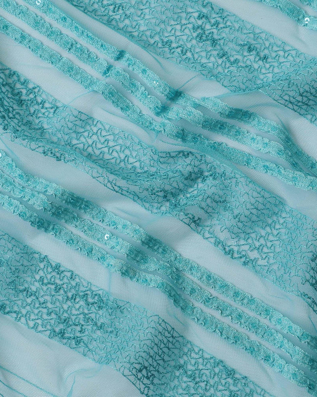 Turquoise blue nylon tulle fabric with same tone embroidery having sequins in fancy design-D11776 Regal Fabrics