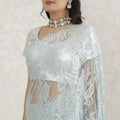 Light blue Premium Pure metallic French chantilly saree lace having stone work in floral design-D13465