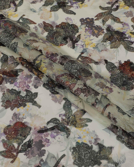 قماش شيفون من الحرير الخالص الفاخر باللون الأخضر الغار مع طباعة متعددة الألوان ولوريكس معدني بتصميم زهور-D13238