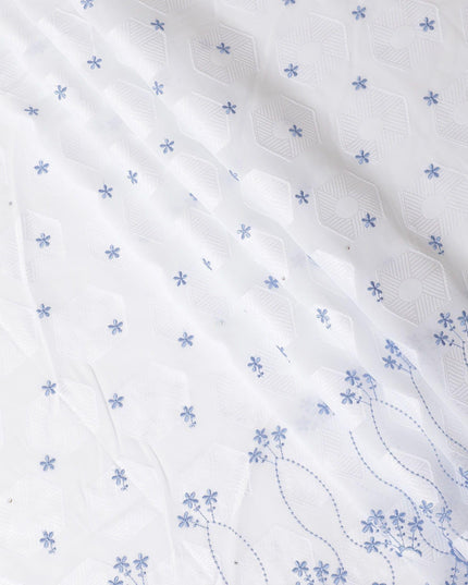 White premium Swiss cotton voile fabric with same tone and baby blue embroidery having stone work in fancy design-D10370
