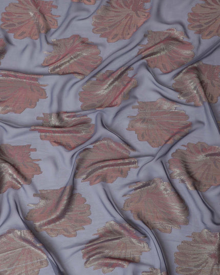 Ash grey synthetic chiffon fabric with crimson red viscose and gold metallic lurex in floral design-D11901