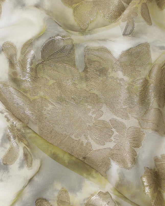 قماش شيفون حريري فرنسي (فرنساوي) فاخر باللون الأخضر الزيتوني والبيج مع لوركس معدني ذهبي بتصميم زهور -D14119