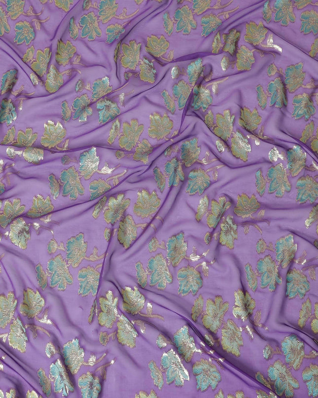 قماش شيفون من الحرير الخالص باللون الأرجواني مع الفيسكوز باللون الأزرق والأخضر الغامق مع اللوريكس المعدني الذهبي بتصميم الأزهار - D14130