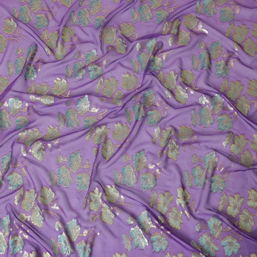 Purple premium pure silk chiffon fabric with blue, sage green viscose having gold metallic lurex in floral design-D14130