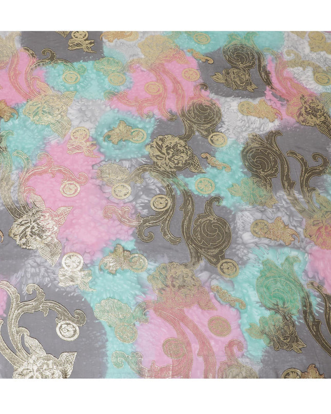 قماش شيفون حريري فرنسي (فرنساوي) فاخر متعدد الألوان مع لوركس معدني ذهبي بتصميم زهور-D14121