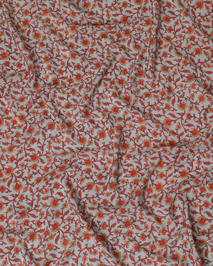 Cloud grey premium pure silk crepe fabric with pumpkin orange and red print in floral design-D12075