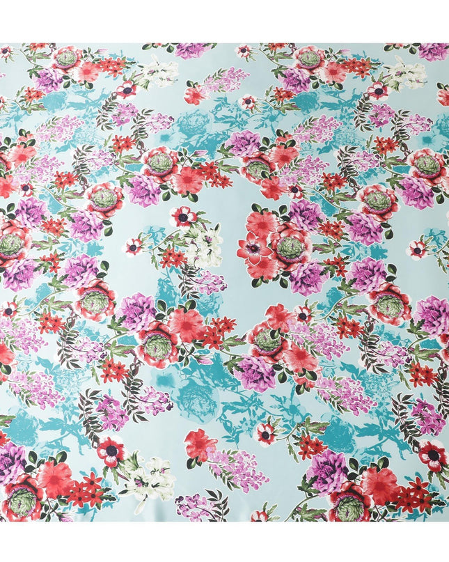 قماش ساتان حريري خالص باللون الأزرق السماوي مع طباعة متعددة الألوان بتصميم الأزهار-D11037