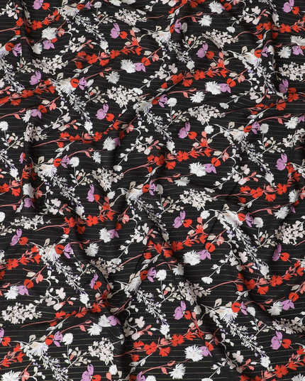 Black viscose crepe printed fabric with multi colour prints and metallic lurex in floral design-D11164