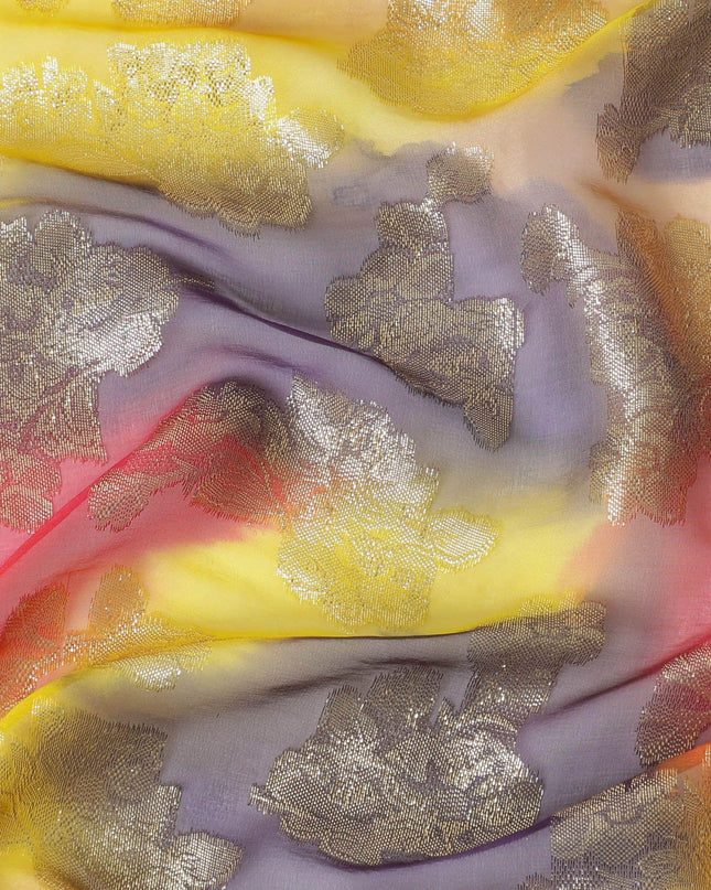 قماش شيفون حريري فرنسي (فرنساوي) فاخر متعدد الألوان مع لوركس معدني ذهبي بتصميم زهور-D14006