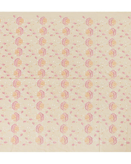 Light gold Premium pure cotton voile fabric with peach, magenta pink and beige embroidery in floral design-D15254