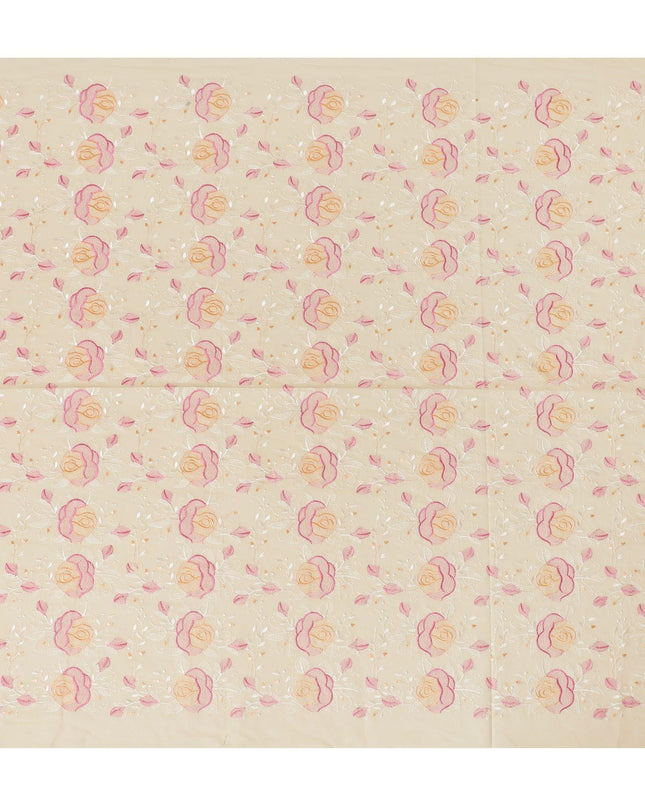 Light gold Premium pure cotton voile fabric with peach, magenta pink and beige embroidery in floral design-D15254