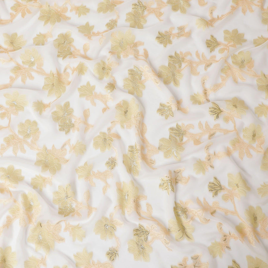 Off white Premium pure French (Fransawi) silk chiffon fabric with peach, gold viscose having gold metallic lurex in floral design-D15639