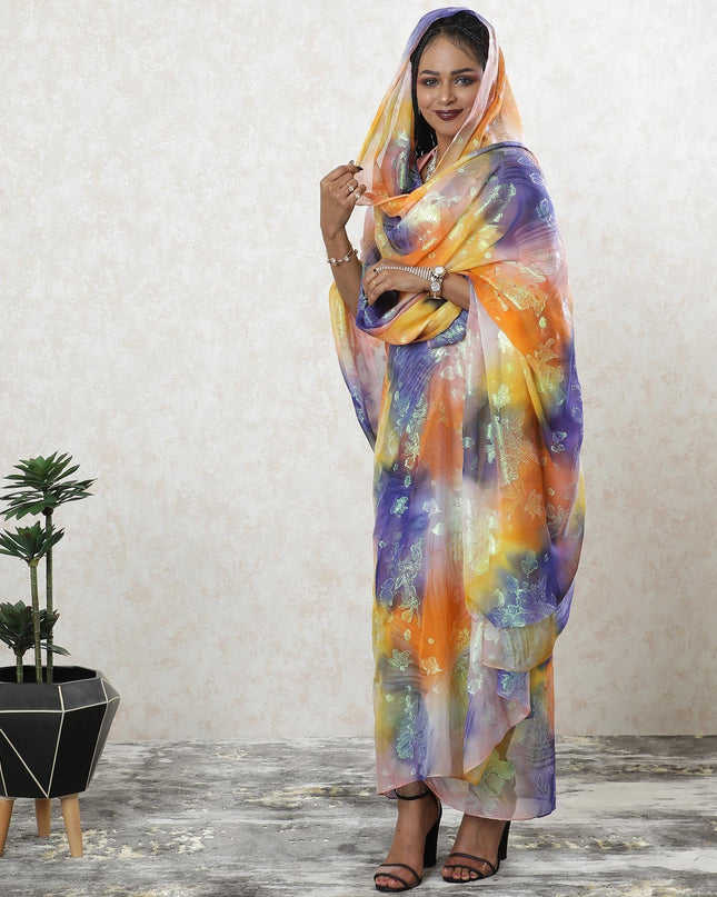 ثوب شيفون حرير خالص فاخر متعدد الألوان مع لوريكس ميتاليك أخضر نيون بتصميم زهور-D9453