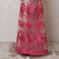 Gold nylon tulle fabric with same tone, hot pink embroidery having stone work in fancy design-D14765