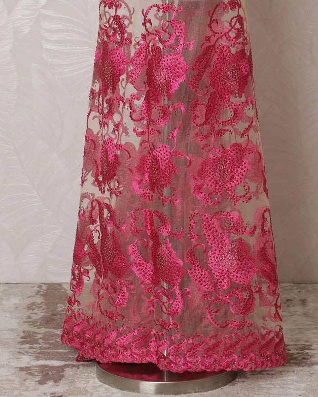 Gold nylon tulle fabric with same tone, hot pink embroidery having stone work in fancy design-D14765 Regal Fabrics