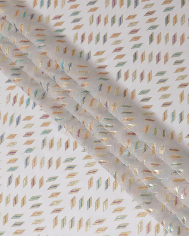 قماش شيفون من الحرير الخالص الفاخر باللون الرمادي اللؤلؤي مع لوريكس معدني متعدد الألوان بتصميم هندسي -D13140