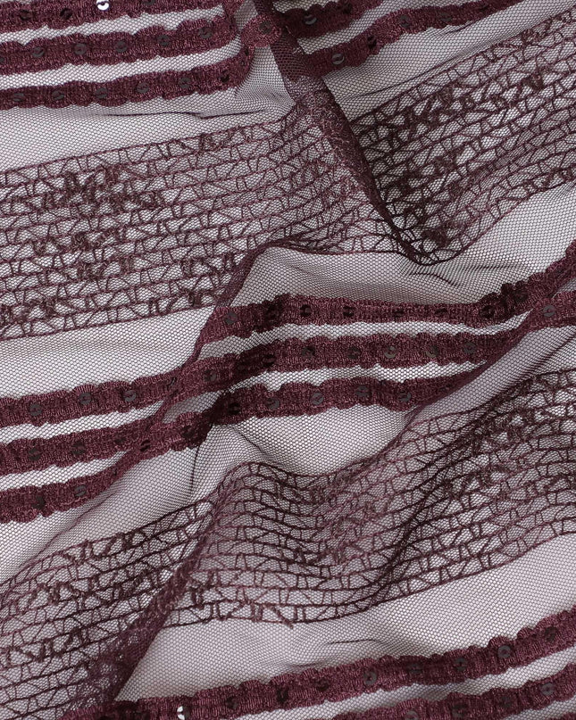 Syrup brown nylon tulle fabric with same tone embroidery and sequins in stripe design-D6669 Regal Fabrics