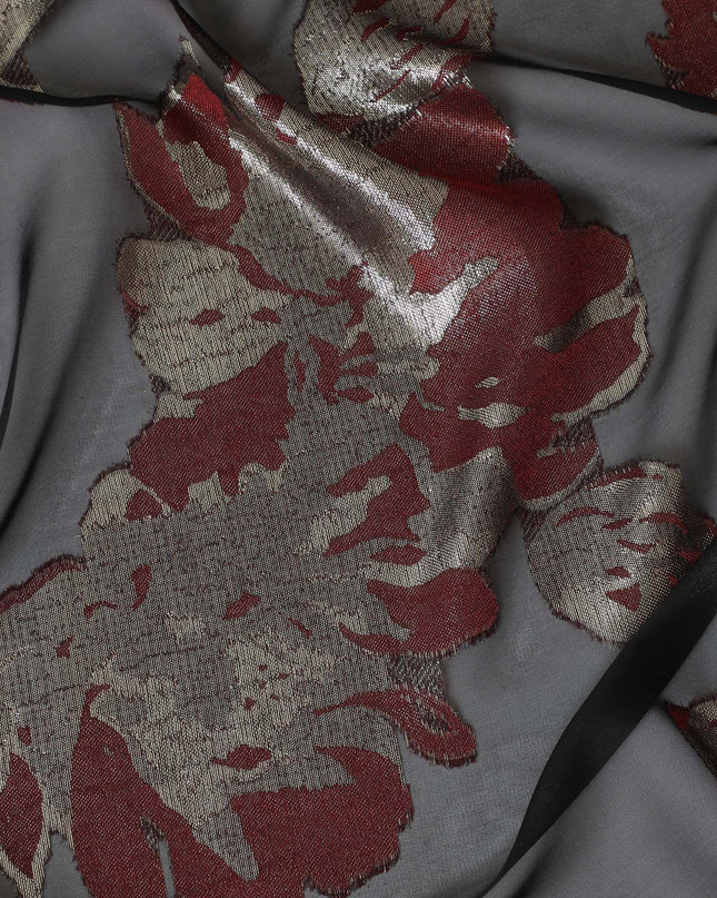 Black premium pure French (Fransawi) silk chiffon fabric with maroon viscose and gold metallic lurex in floral design-D10583